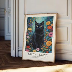 May include: A black cat with yellow eyes sits in a field of colorful flowers. The poster features the text "Gustav Klimt, Exhibition Art of the 20th Century, Vienna Secession Movement."