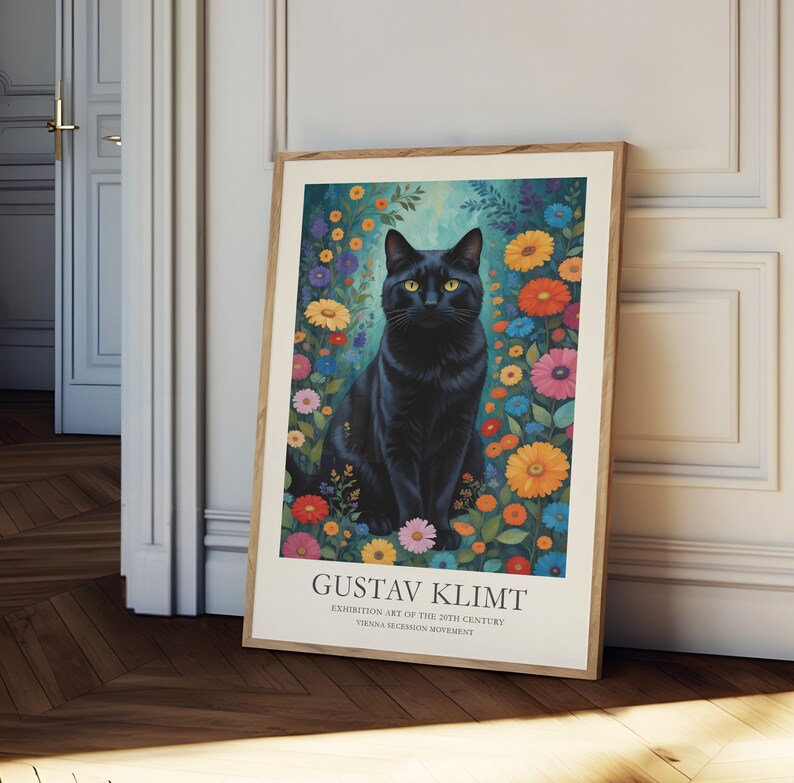 May include: A black cat with yellow eyes sits in a field of colorful flowers. The poster features the text "Gustav Klimt, Exhibition Art of the 20th Century, Vienna Secession Movement."