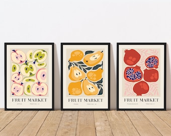 Fruit Market Print, Set of 3 fruit Wall Art, Fruit print, kitchen print, kitchen wall art, kitchen poster, fruit poster, fruit kitchen decor