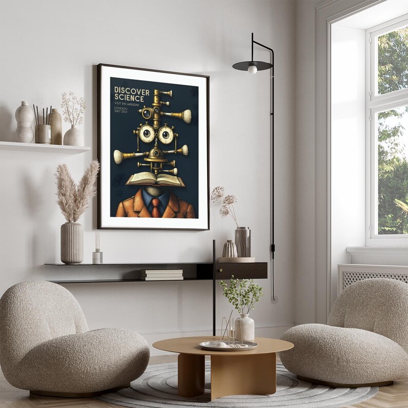 May include: A framed art print with the words "DISCOVER SCIENCE" and an illustration of a person's head replaced by scientific instruments. The artwork features a dark blue background and a person wearing a suit and tie.