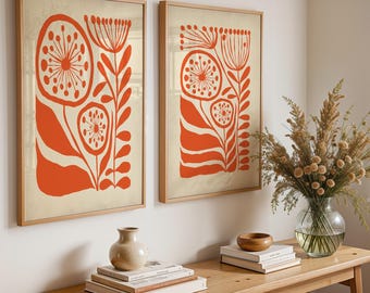 Orange floral prints, orange wall art, orange botanical prints, mid century modern, abstract flower print, abstract botanical prints,