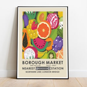 Impresión de Borough Market, mercado de agricultores, impresión de cocina, impresión de frutas vintage, impresión de frutas retro, arte de pared de cocina, póster publicitario retro
