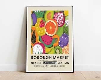 Borough Market print, farmers market, kitchen print, vintage fruit print, retro fruit print, kitchen wall art, retro advertising poster
