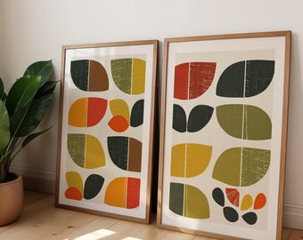 Set of two abstract orange paintings, mid century modern wall art, retro abstract art