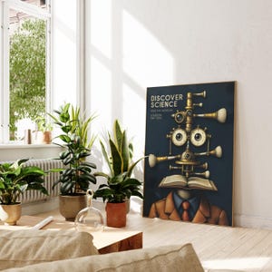 May include: A framed poster with the text "DISCOVER SCIENCE" and an illustration of a steampunk-style figure. The figure has brass-colored tubes and lenses for a head, and is wearing a suit. The poster is leaning against a wall near potted plants.