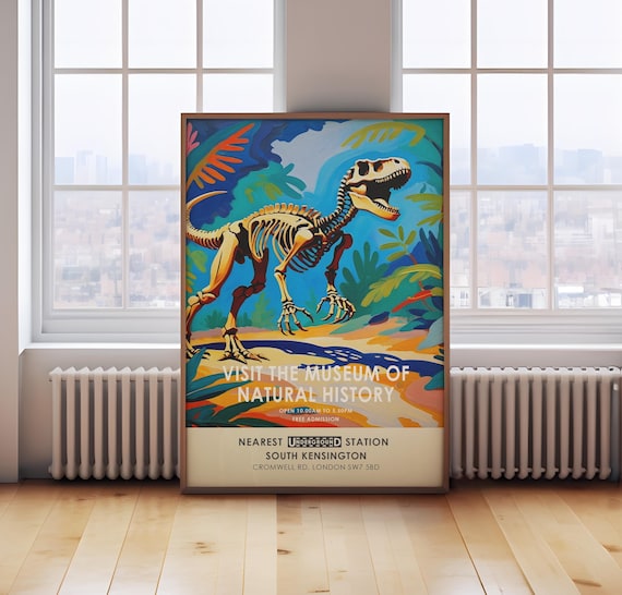 Natural History poster, vintage exhibition museum print, dinosaur print, vintage London museum poster, prehistoric poster
