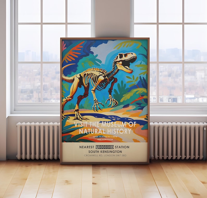 Natural History poster, vintage exhibition museum print, dinosaur print, vintage London museum poster, prehistoric poster afbeelding 1