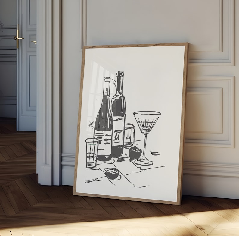 Wine and dine Poster, hand drawn Wine Print, blue kitchen decor, bar cart print, wine wall art, Retro Food Art, Kitchen print bild 3