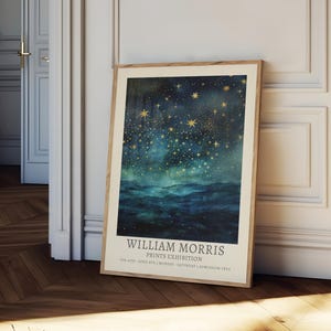 William Morris print, moon and stars painting, vintage celestial blue and gold sky at night print, moon and clouds, sky at night print, image 4