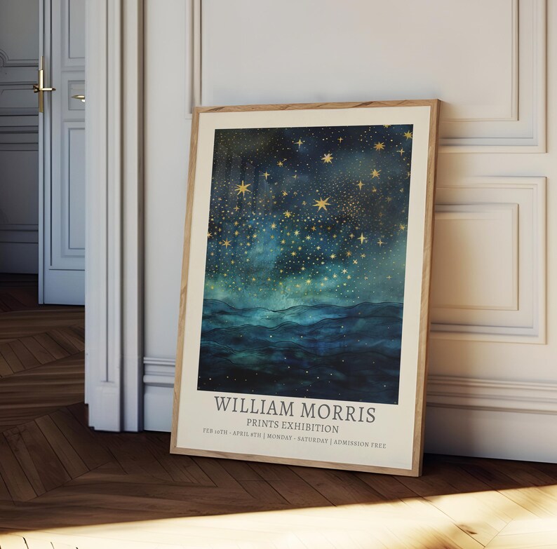 William Morris print, moon and stars painting, vintage celestial blue and gold sky at night print, moon and clouds, sky at night print, image 4