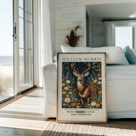 William Morris Stag Print, woodland animal painting, vintage botanical print