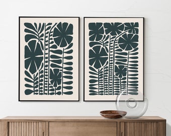 Abstract botanical black and neutral print set, black botanical prints, black floral prints, black flower prints, silhouette flowers