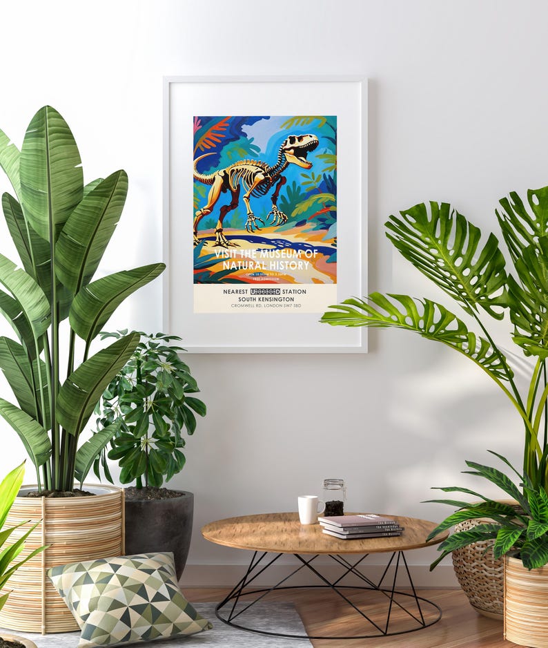 Natural History poster, vintage exhibition museum print, dinosaur print, vintage London museum poster, prehistoric poster afbeelding 5