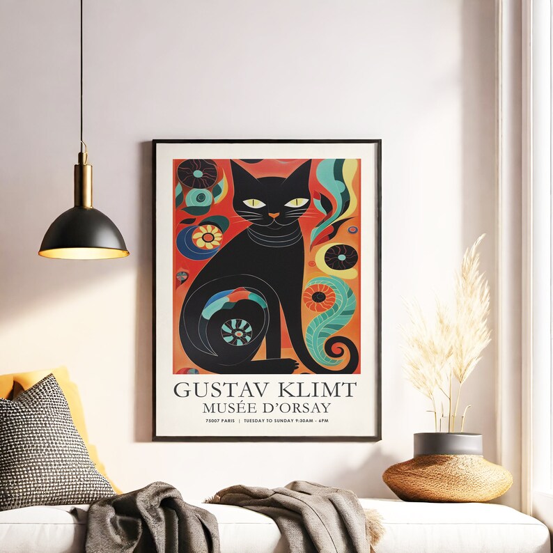 May include: A black cat with yellow eyes sits in a colourful, abstract design. The poster is titled "Gustav Klimt Mus&eacute;e d'Orsay" with the museum's address and hours of operation.