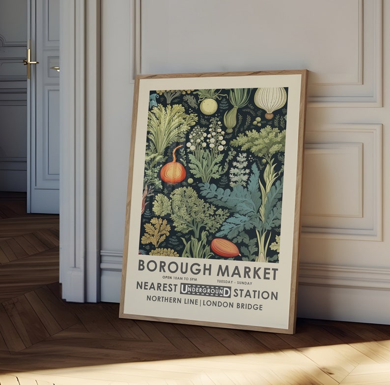 Borough Market print, William Morris kitchen print, vintage food poster, retro kitchen print, vintage kitchen decor, food and drink. image 1