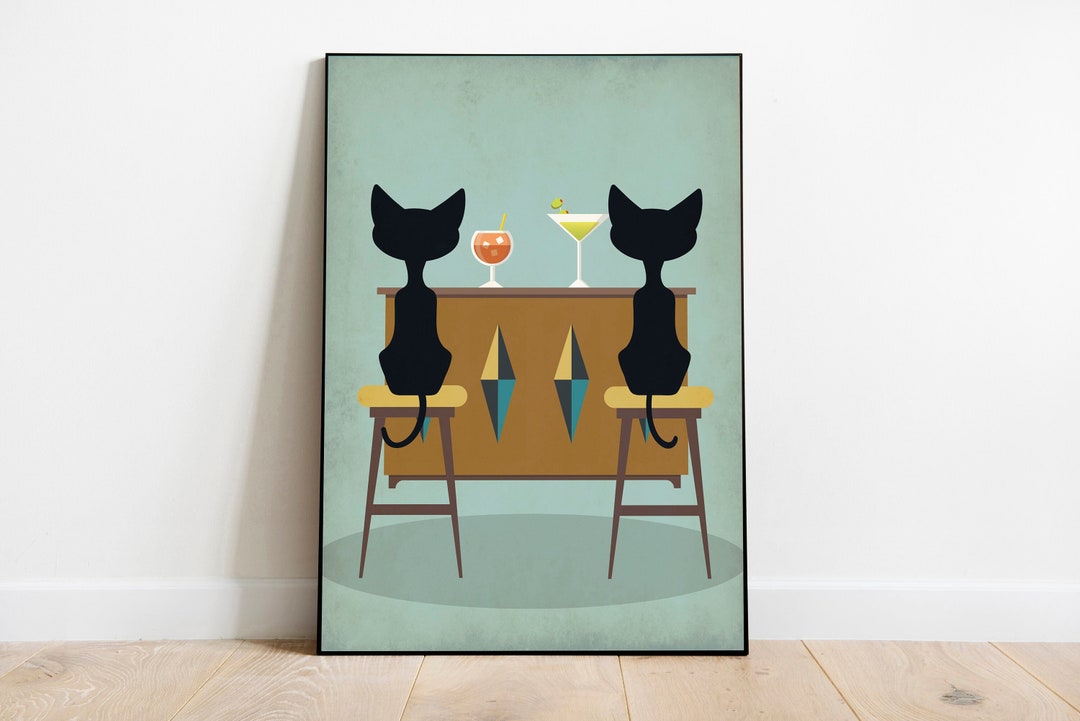 Mid Century Cocktail Print, Atomic Cat Print, Black Cat Wall Art ...