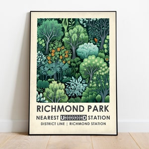 Op de afbeelding: Een poster in vintage stijl met een groene en blauwe illustratie van bomen en bladeren. De tekst luidt "Richmond Park Nearest Underground Station District Line | Richmond Station".