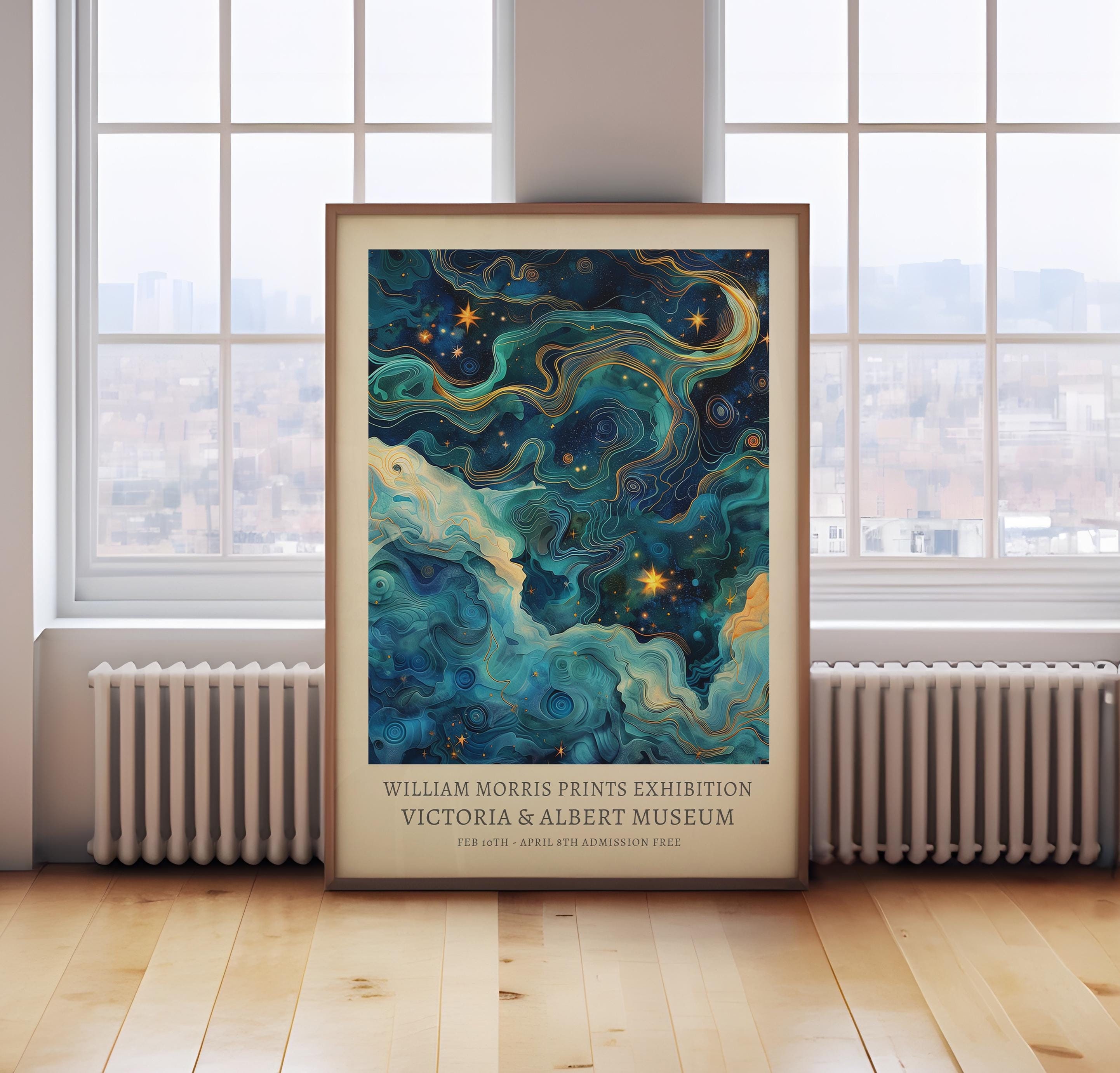 William Morris moon and stars print, vintage celestial poster, blue and gold sky at night print, moon and clouds, celestial wall art,