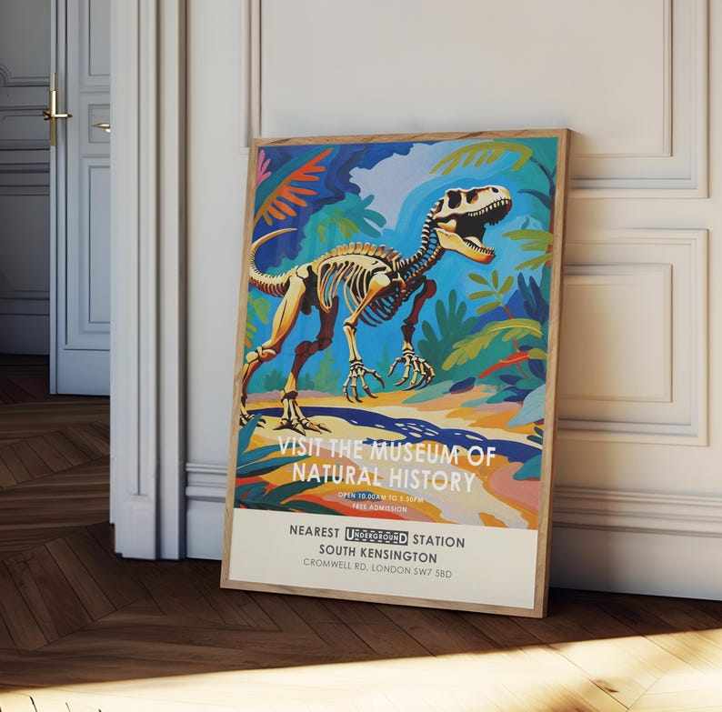 Natural History poster, vintage exhibition museum print, dinosaur print, vintage London museum poster, prehistoric poster afbeelding 4