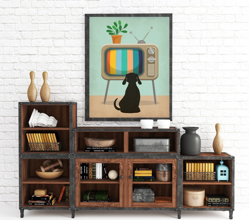 May include: A rustic wooden shelf unit with six shelves, featuring a black metal frame and glass doors. The shelves are filled with various items, including books, decorative bowls, and a small potted plant. A framed print of a dog watching a vintage television set hangs above the shelf unit.