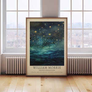 William Morris print, moon and stars painting, vintage celestial blue and gold sky at night print, moon and clouds, sky at night print, image 5