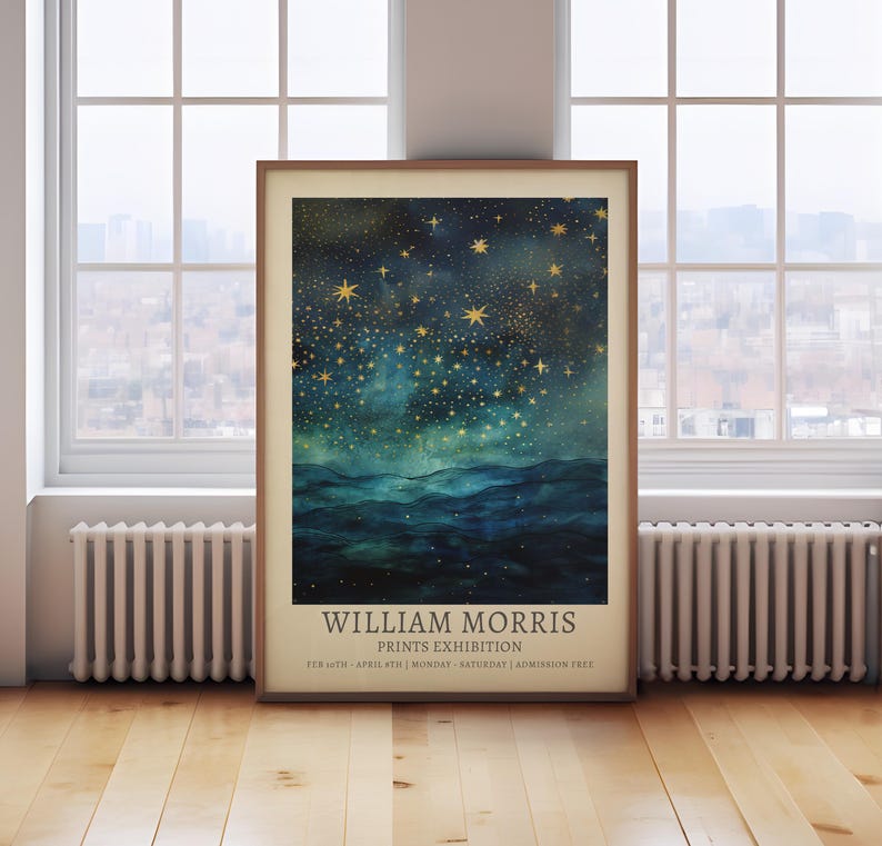William Morris print, moon and stars painting, vintage celestial blue and gold sky at night print, moon and clouds, sky at night print, image 5