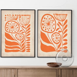 Orange floral prints, orange wall art, orange botanical prints, mid century modern, abstract flower print, abstract botanical prints,