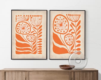 Orange floral prints, orange wall art, orange botanical prints, mid century modern, abstract flower print, abstract botanical prints,