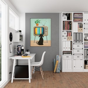 May include: A black dog sits in front of a vintage television with a plant on top. The television is displaying a colorful static screen. The image is a digital illustration.