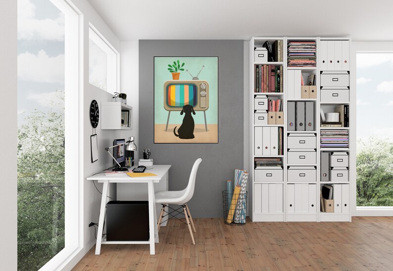 May include: A black dog sits in front of a vintage television with a plant on top. The television is displaying a colorful static screen. The image is a digital illustration.