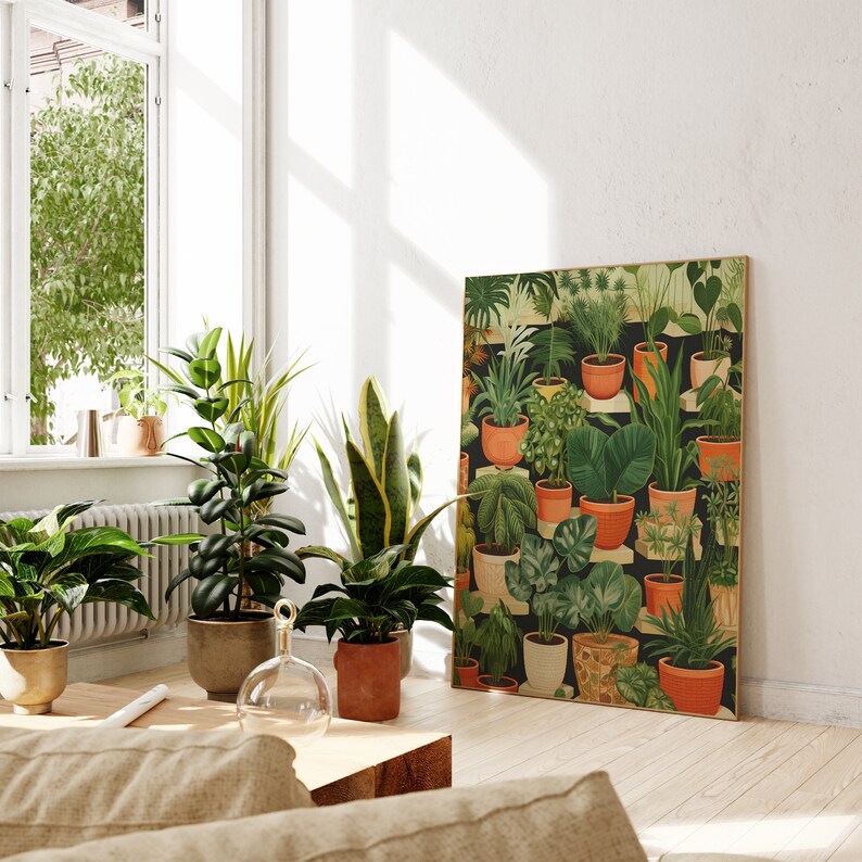 May include: A print of a botanical illustration featuring a variety of potted plants in shades of green, brown, and orange. The print is framed and hanging on a white wall.