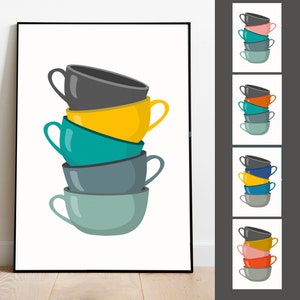 May include: A stack of five colourful ceramic mugs, each with a different colour and a slightly different shape. The mugs are stacked in a pyramid shape, with the largest mug at the bottom and the smallest mug at the top. The colours of the mugs are teal, grey, yellow, dark grey, and light teal.