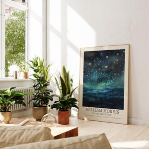 William Morris print, moon and stars painting, vintage celestial blue and gold sky at night print, moon and clouds, sky at night print, image 3
