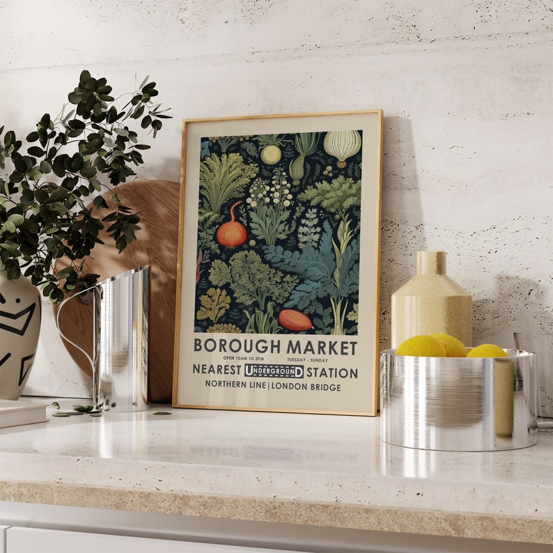 Borough Market print, William Morris kitchen print, vintage food poster, retro kitchen print, vintage kitchen decor, food and drink. image 3