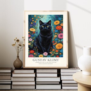 May include: A black cat with yellow eyes sits in a field of colorful flowers. The poster features the text "Gustav Klimt" and "Exhibition Art of the 20th Century Vienna Secession Movement".