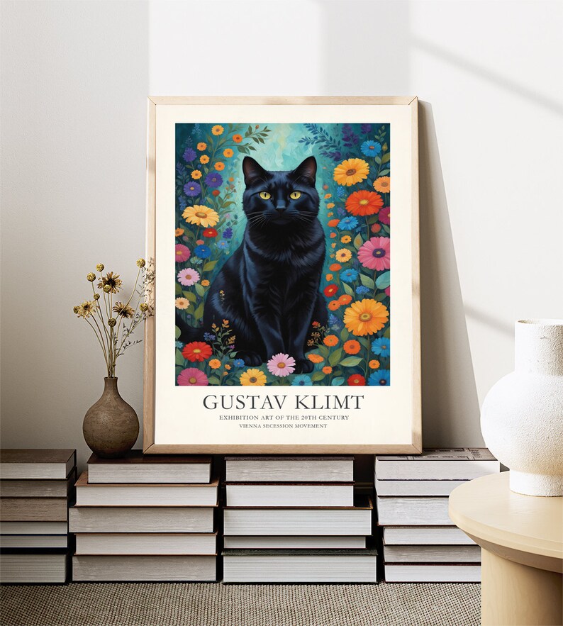 May include: A black cat with yellow eyes sits in a field of colorful flowers. The poster features the text "Gustav Klimt" and "Exhibition Art of the 20th Century Vienna Secession Movement".