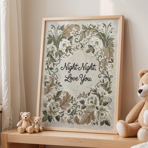Night Night love you print, embroidery style, bedroom wall art