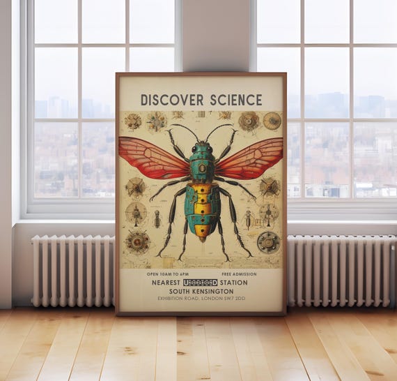 Science Museum poster, vintage exhibition museum print, scientific insect print, vintage London museum poster, science wall art