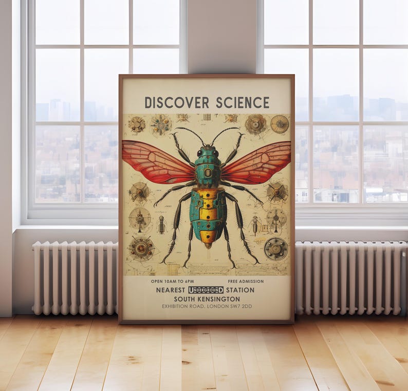 Science Museum poster, vintage exhibition museum print, scientific insect print, vintage London museum poster, science wall art image 1