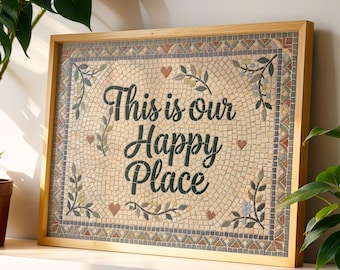 This is our Happy Place print, vintage hallway wall art, entryway decor, mosaic print