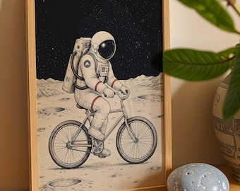 Astronaut on a bike print, quirky space wall art, moon print