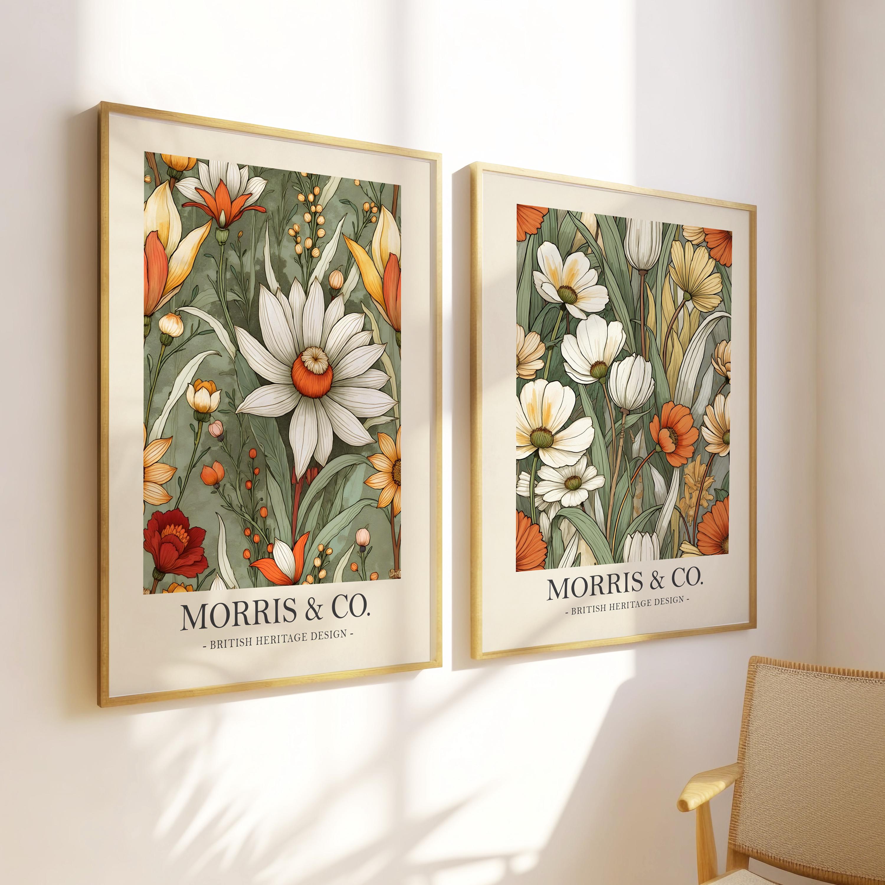 Set of 2 William Morris floral prints, Vintage burnt orange botanical wall art, cream floral print, green botanical print, spring flower