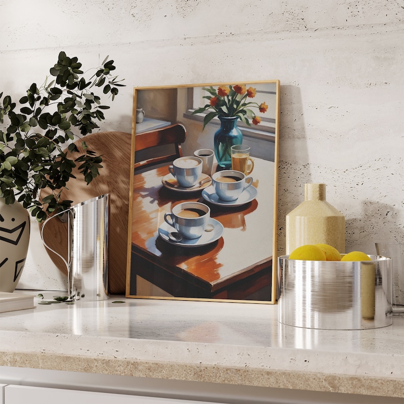May include: A framed painting of a still life with four cups of coffee, a vase of flowers, and a bowl of fruit. The painting is set on a wooden table with a light brown background.