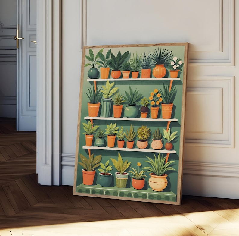 urban garden print, Plants in pots print, pot plants poster, lush green print, botanical wall art, plant lover gift, outdoor plants image 2