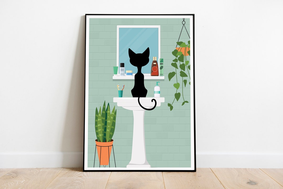 Retro Cat Bathroom Print, Mid Century Modern Print, Cat Poster, Mid ...