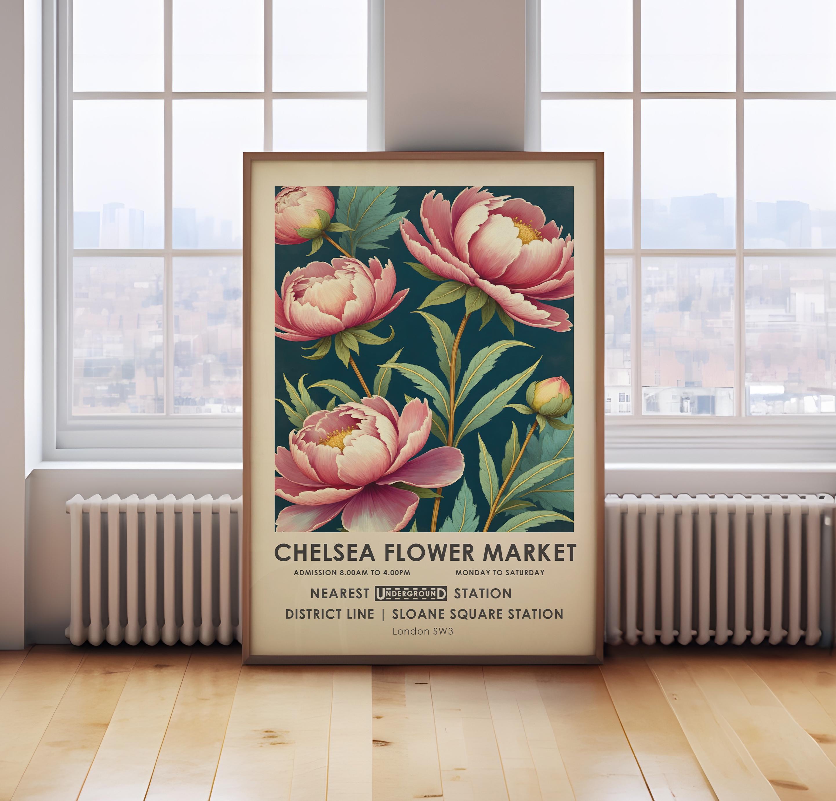 Chelsea flower market print, William Morris print, pink vintage floral print, peony botanical print, botanical wall art, gift