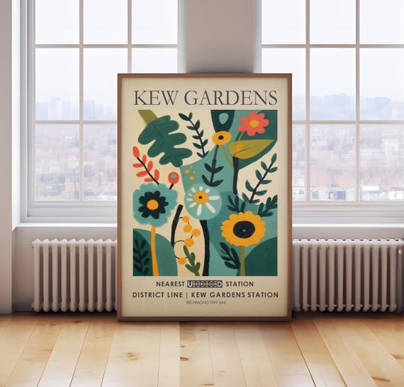 Kew Gardens print, teal green floral print, vintage flower poster, London flower market, green flower print, modern flower wall art
