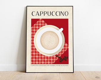 May include: A red and white checkered background with a white cup of cappuccino on a white saucer. The text "CAPPUCCINO" is at the top of the image. The text "A CAPPUCCINO CONTAINS EQUAL PARTS OF ESPRESSO, STEAMED AND MILK FROTH" is at the bottom of the image.