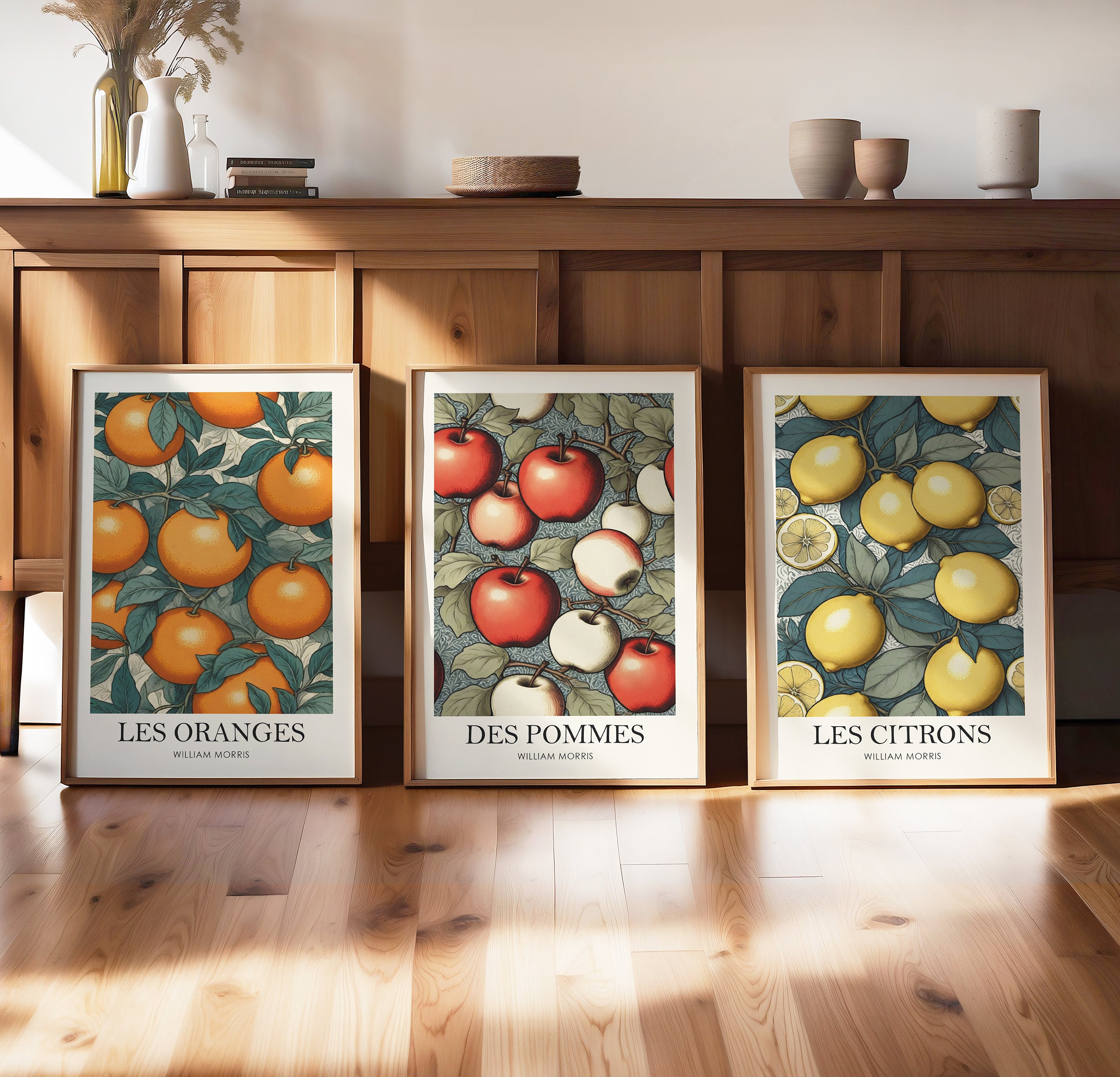 William Morris fruit prints, set of 3 fruit posters, vintage kitchen prints, kitchen decor, lemons print, oranges print, apples print