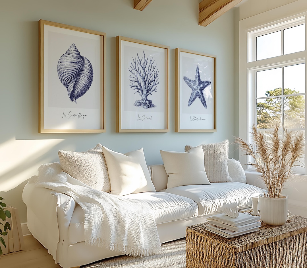 Set of 3 Blue Sea Shells Print, Coastal Wall Art, Beach House Wall Art ...